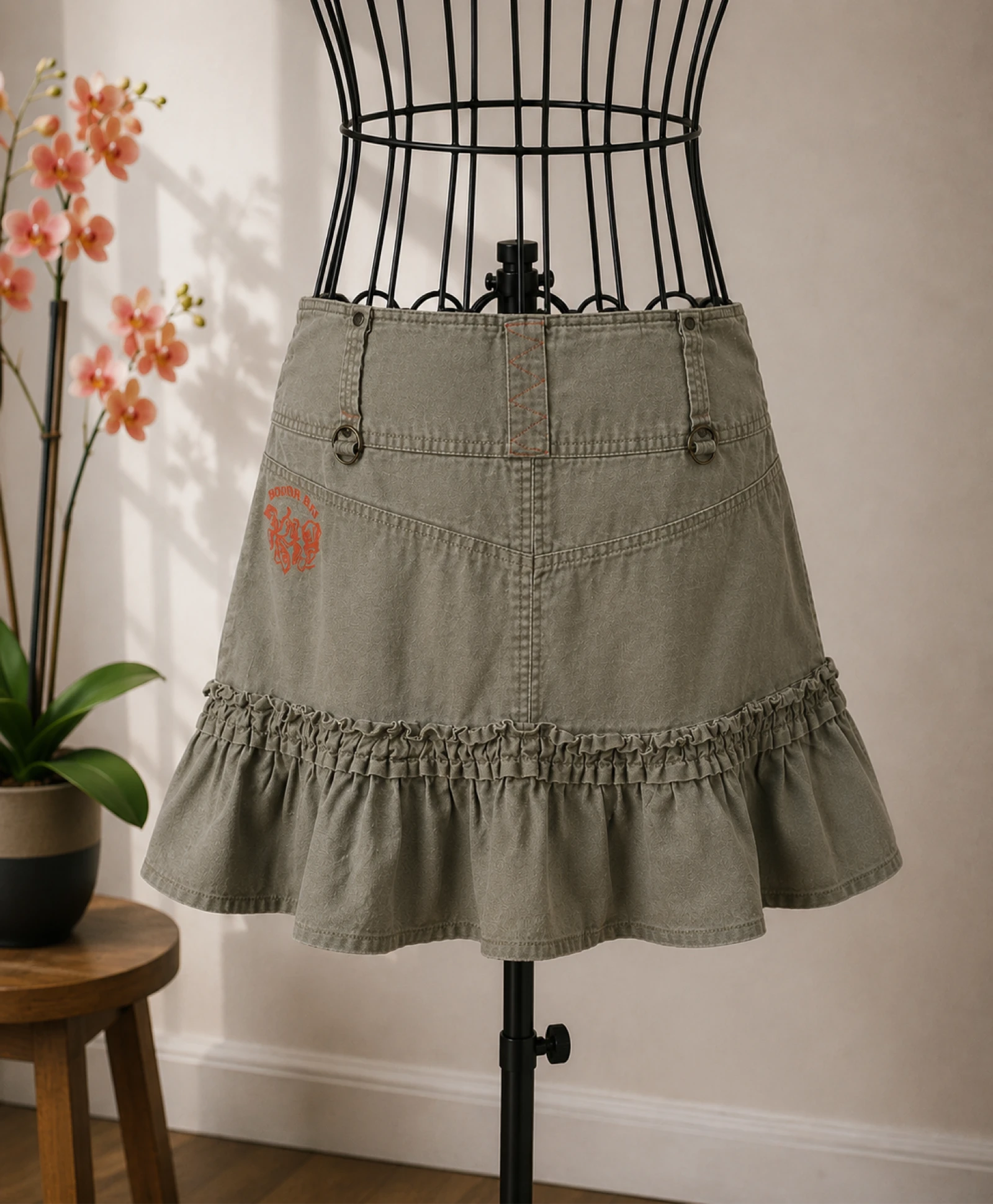Jupe kaki en lin et coton à volants style bohème Y2K – Taille 42